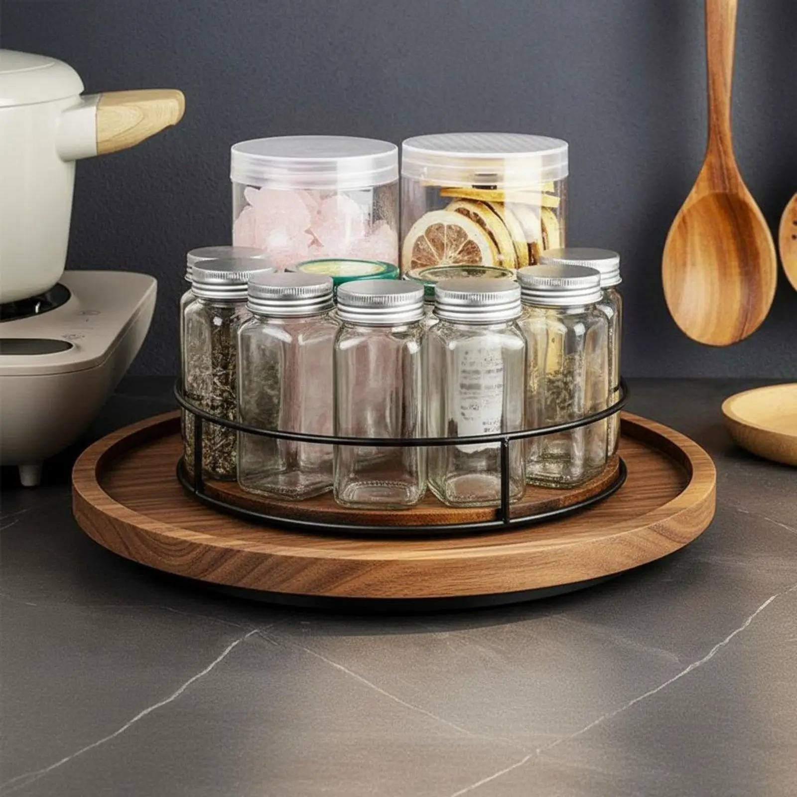 Wooden Rotating Tray Versatile Rotating Tray Turntable Wood and Metal-Accented