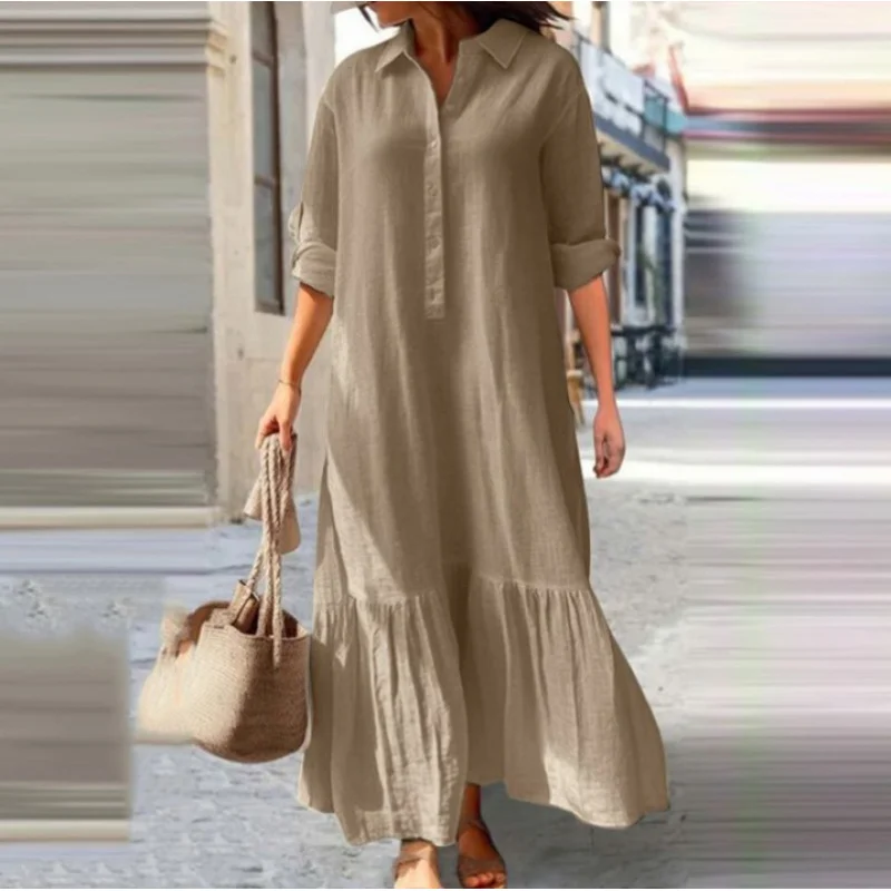 Boho Cotton Linen Dress - Damska sukienka maxi z kołnierzykiem koszulowym i guzikami