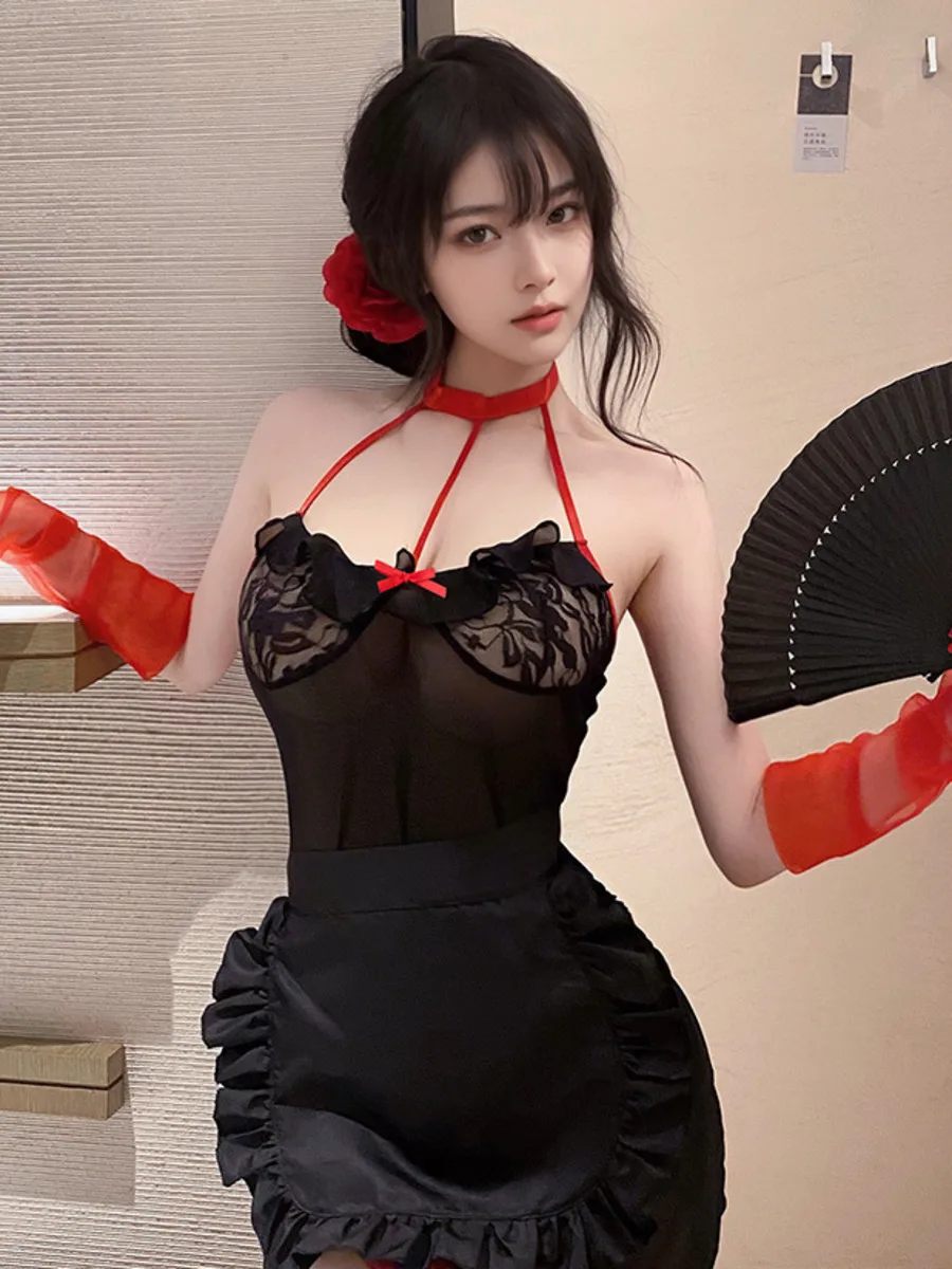 Vestido transparente de estilo puro deseo de medianoche, vestido Sexy de encaje dividido con cuello colgante, vestido transparente de malla sin espalda, vestido sin mangas Casaul 6KA0