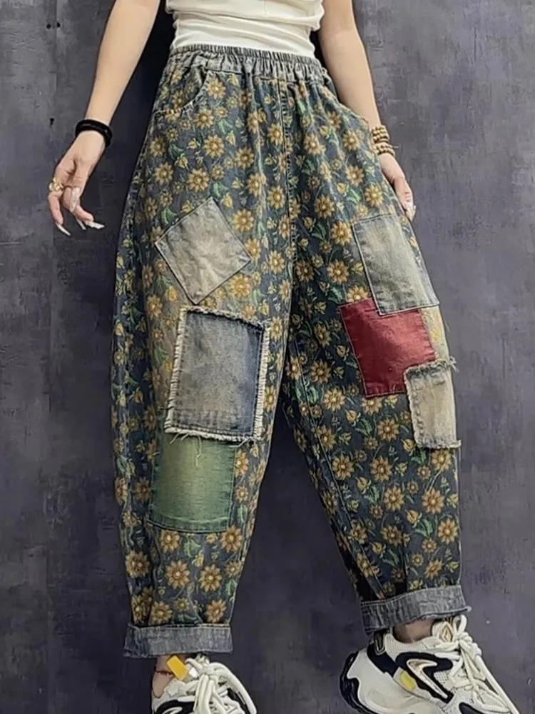 Amax lulue primavera floral feminino impresso calças jeans moda de luxo elegante 2025 jeans casual vintage solto clássico harem calças