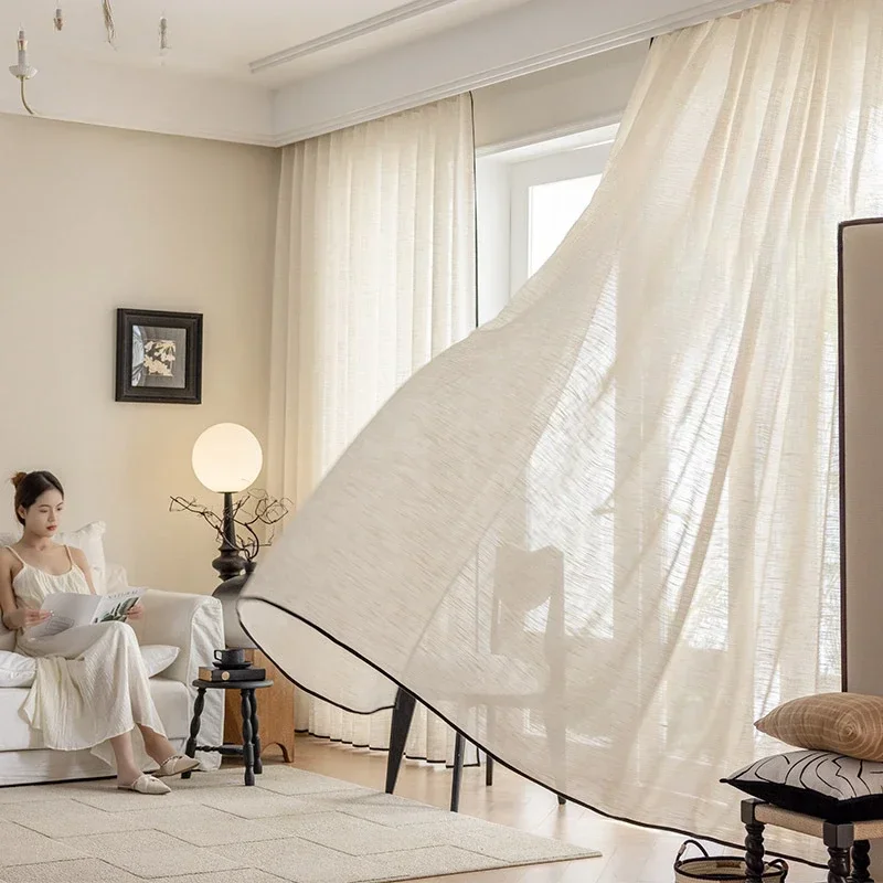 Custom Size！！Curtains for Living Dining Room Bedroom French Translucent Opaque  Linen Balcony Japanese modern Elegant Fashion