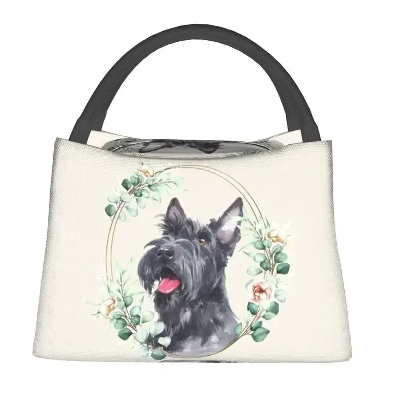 Scottish Terrier Dog In Floral Gold Wreath Insulated Lunch Bags for Scottie Pet Lover Cooler Thermal Bento Box Camping Travel