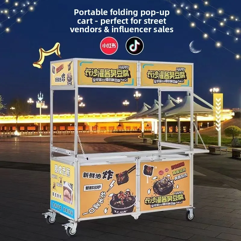Folding stall cart, hand push multi-functional fast food truck, night market roadside mobile light box stainless steel stall