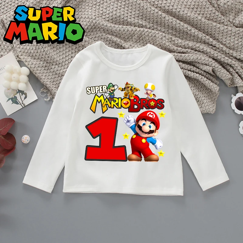 Super Mario Cute T-shirt Number Printing Boys Girls Clothes Fashion Birthday Anime Children Clothing Short Sleeve Cotton Shirts