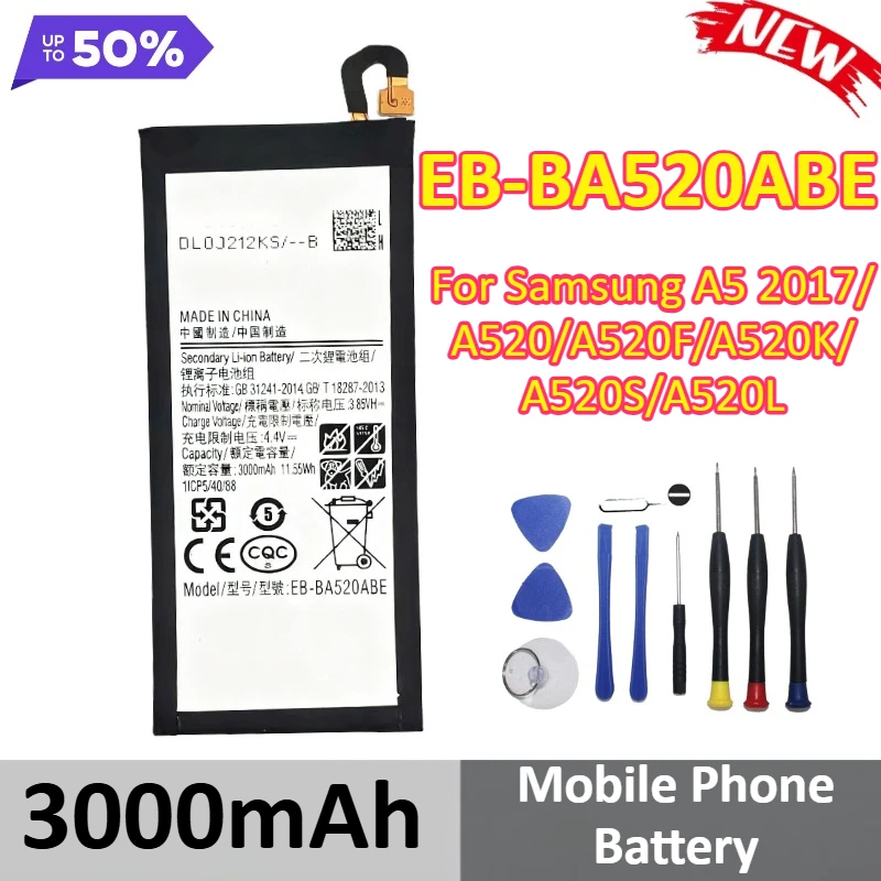 

EB-BA520ABE 3000mAh Mobile Phone Battery For Samsung A5 2017/A520/A520F/A520K/A520S/A520L +Tools