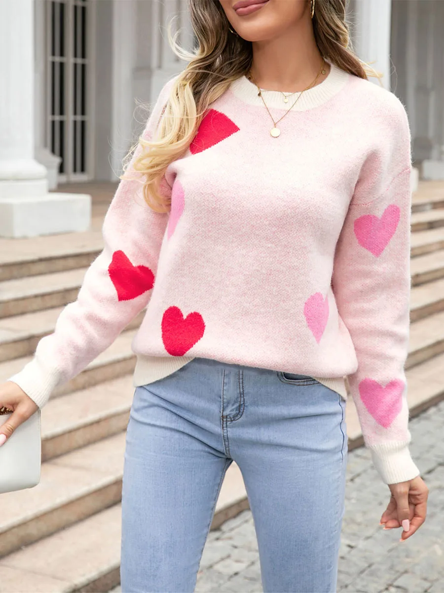 Maglioni con stampa a cuore da donna manica lunga girocollo pullover larghi top in maglia di san valentino