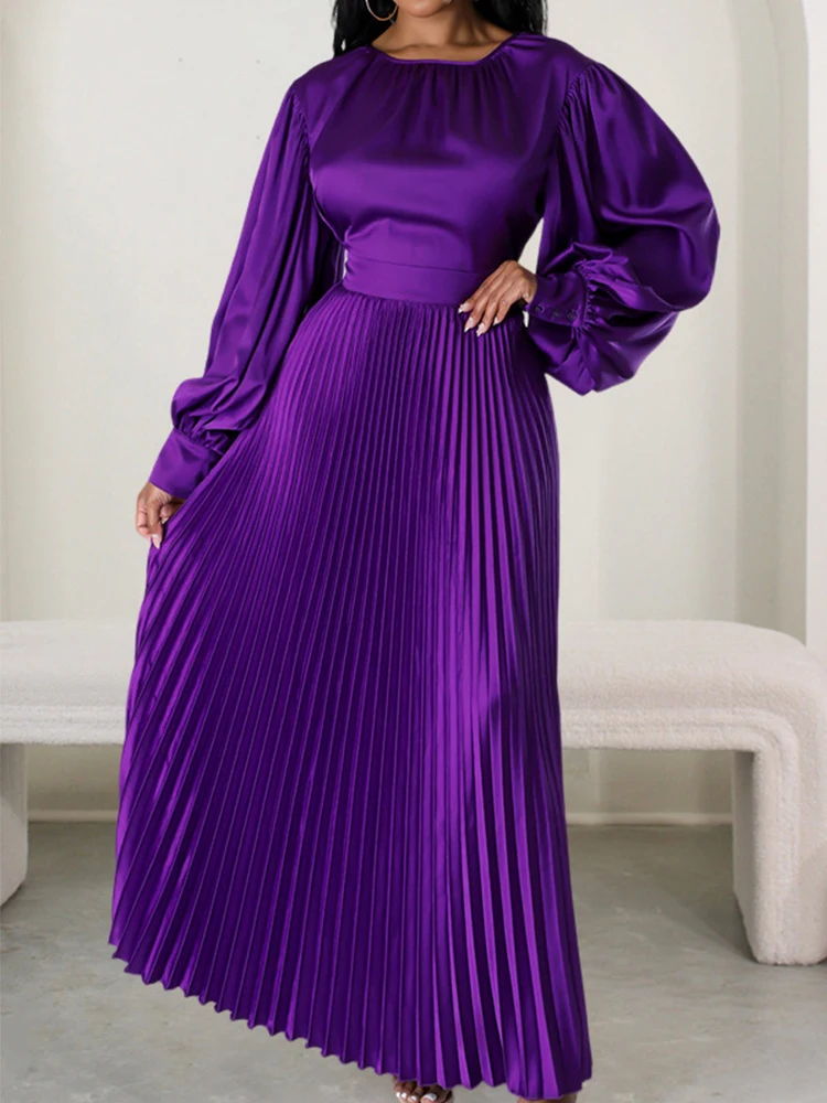 2024 Spring Pleated Loose Maxi Dresses Women Solid Ruched Lantern Full Sleeve Party Gown Elegant Long Dress Ropa de Mujer