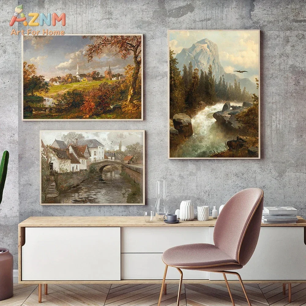 Pintura en lienzo de estilo nórdico, paisaje rural de otoño, bosque, montaña, río, impresión retro, arte de pared, decoración del hogar