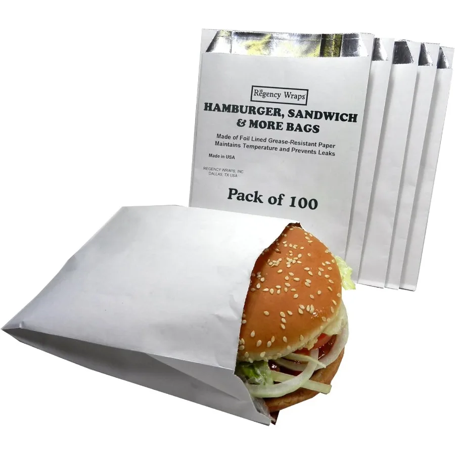 

Grease Resistant Snack Serving Bags Foil Lined Pack of 100 For Burgers Sandwiches Panini's Pitas Insulated to Keep Food Warm in
