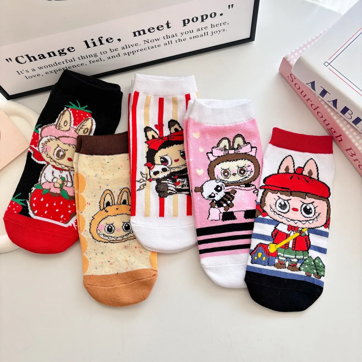 

5 Pairs Adult Labubu Socks Cartoon Anime Fall Winter Combed Cotton Socks Men And Women's Warm Short Sock Gifts Average Size