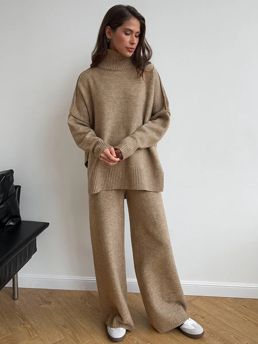 Autumn Winter Casual Knit Sweater Two-Piece Set Woman Loose Fashion Turtleneck Long Sleeve Pullover Sweater Straight Pants Suit