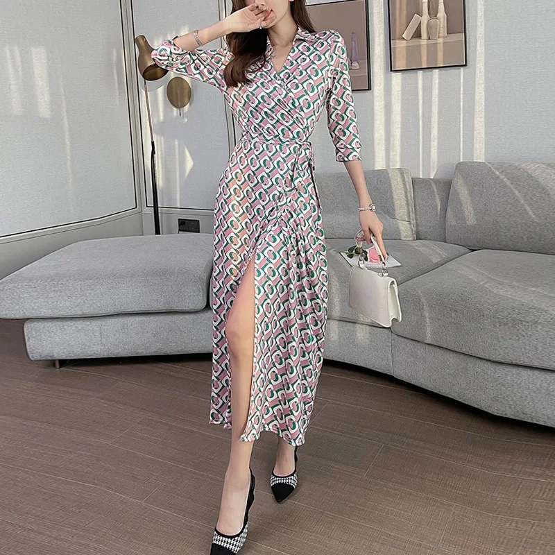 

vestidos de verano para mujer 2023 Women's Summer Bodycon Maxi Dress robe Elegant Wrap V Neck 3/4 Long Sleeve Tie Waist Dresses