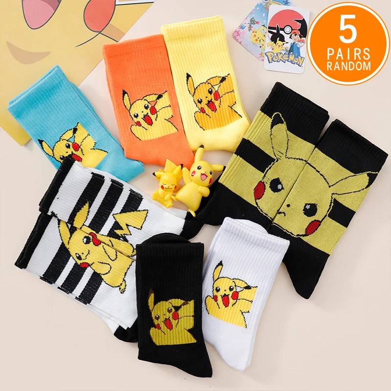 

5 Pairs Of Women's Fashionable Cartoon Anime Pocket Monsters Sweet And Cute Pikachu Versatile Soft Casual Long Letter Socks
