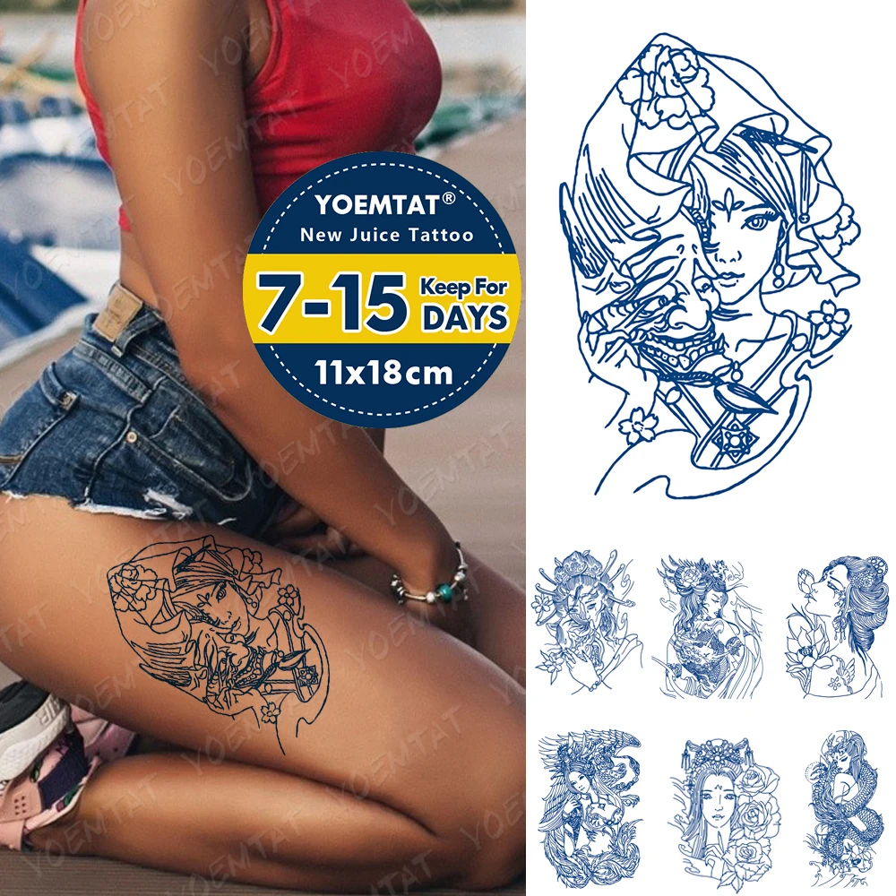 

Blue Ink Juice Waterproof Temporary Tattoos Sticker Beauty Dragon Phoenix Flower Lasting Transfer Body Art Fake Tattoo Men Women