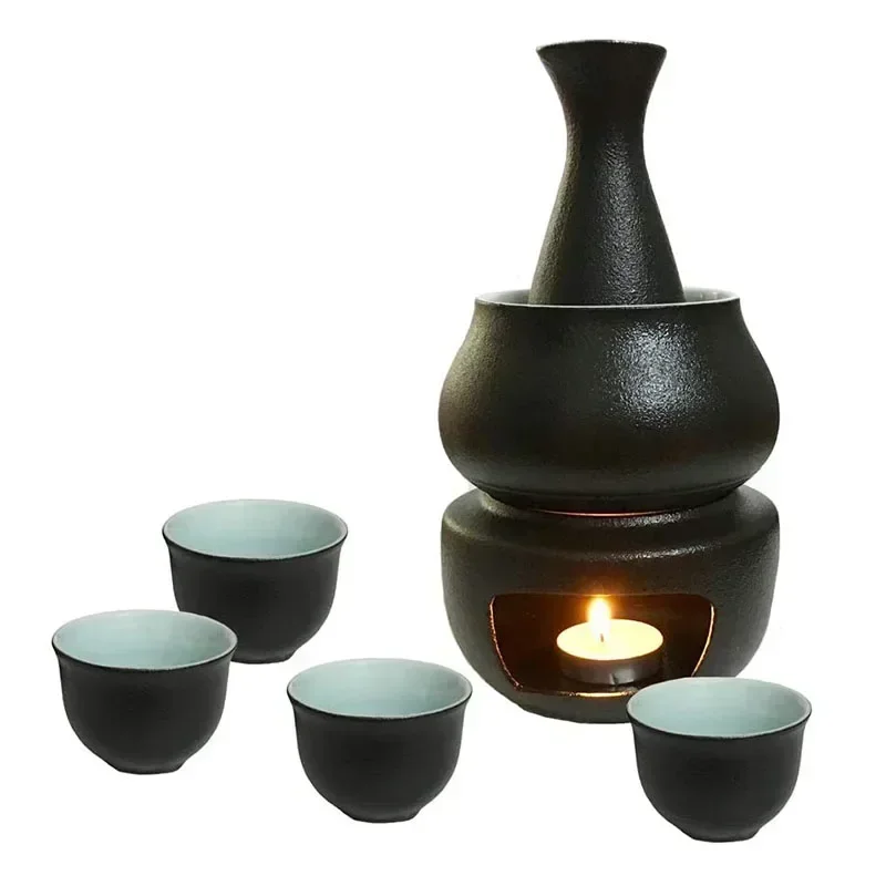 Ceramic Sake Set With 1Pcs Warmer Sake Bottle Candle Heating Stove Warmer Cup And 4pc Sake Cups