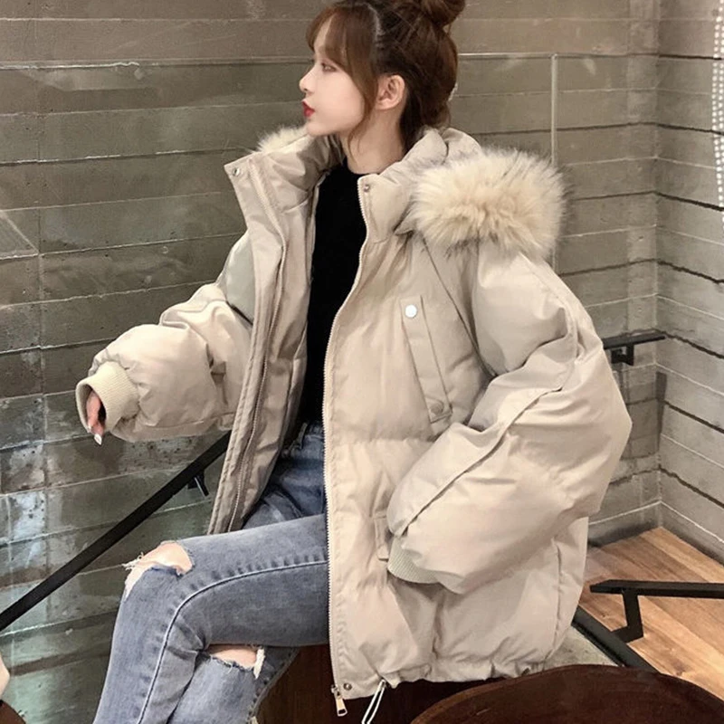 Rimocy Hooded Fur Collar Loose Parkas for Women Winter Pockets Thicken Warm Jacket Woman Zipper-Up Cotton Padded Jacket Ladies