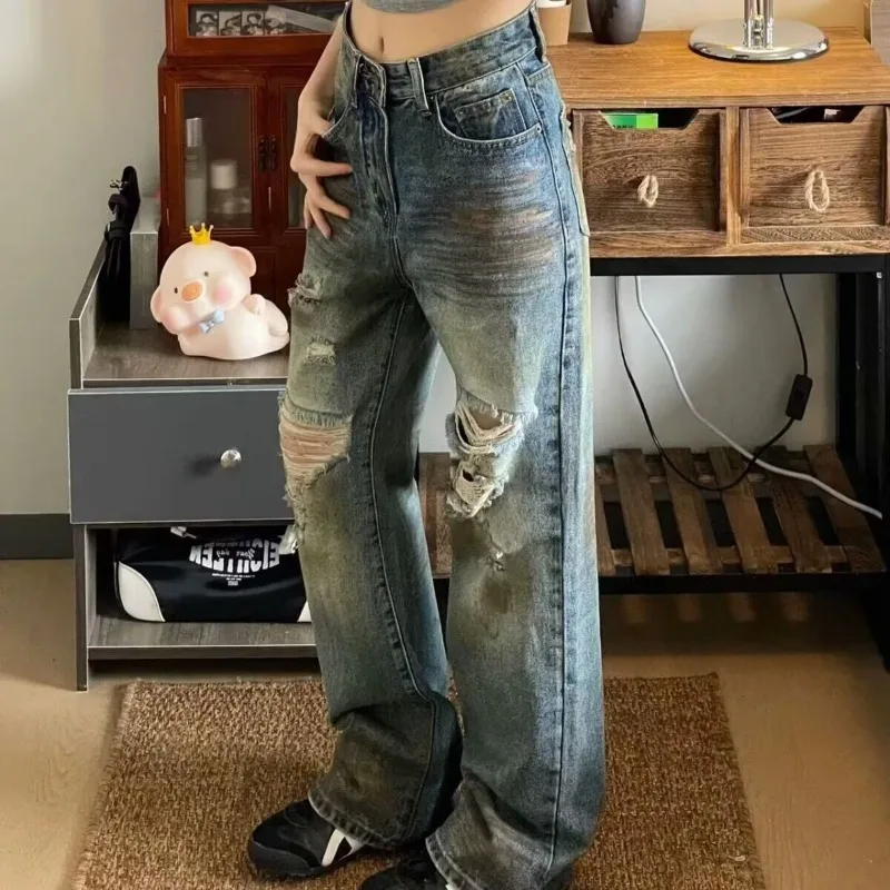 Trendy Womens Jeans Destroyed Denim Pants Wide Leg for Casual Loose Fit High Waist Street Style Summer