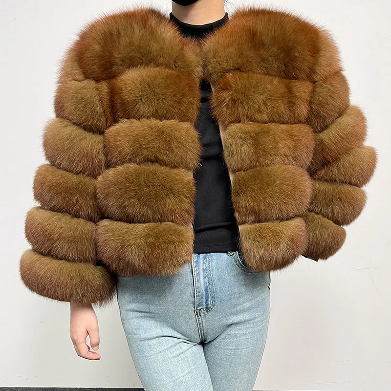 2024 Brown Natural Real Fox Fur Coat Women Winter Warm Luxury Fur Jacket Detachable Long Sleeve Female Vest Furry Coats clothing