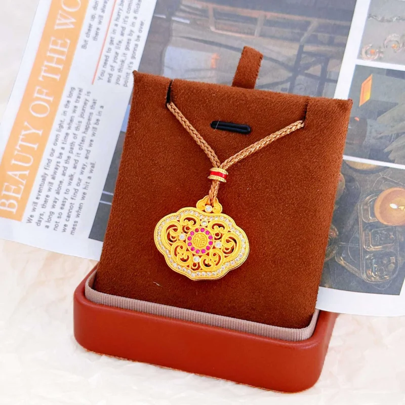 

Luxury 100% Real 24K Gold Hollow Filigree Diamond-Set Safety Lock Pendant Necklace
