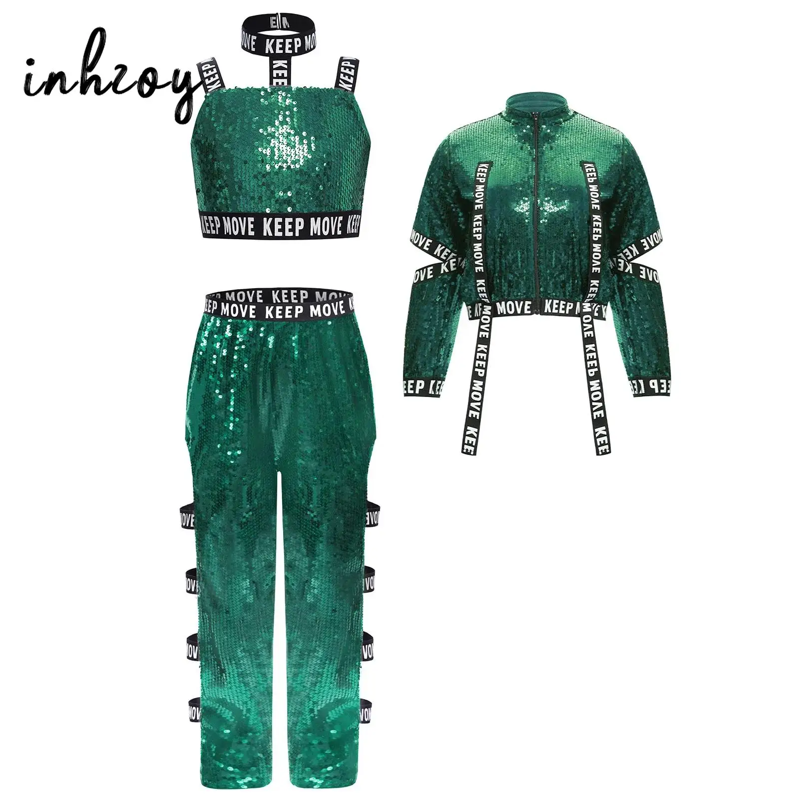 Crianças meninas hip hop jazz dança conjuntos palco desempenho traje streetwear outfits inclui colete de lantejoulas carta jaqueta e calças
