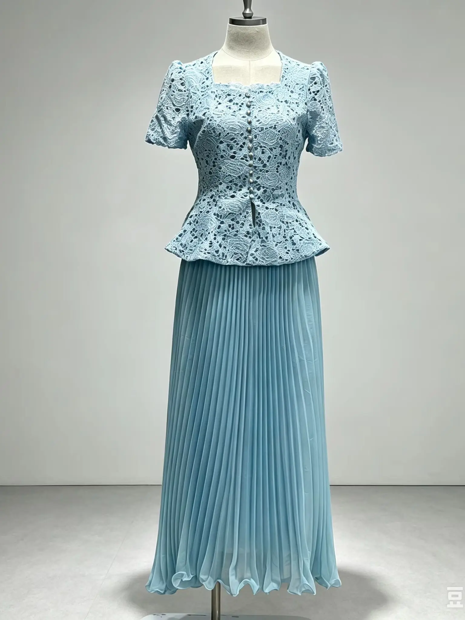 

Elegant Lace Blouse Pleated Long Skirt Suit Women Square Neck Puff Sleeve Beaded Buttons A Line Midi Skirt Party Evening 2 Piece