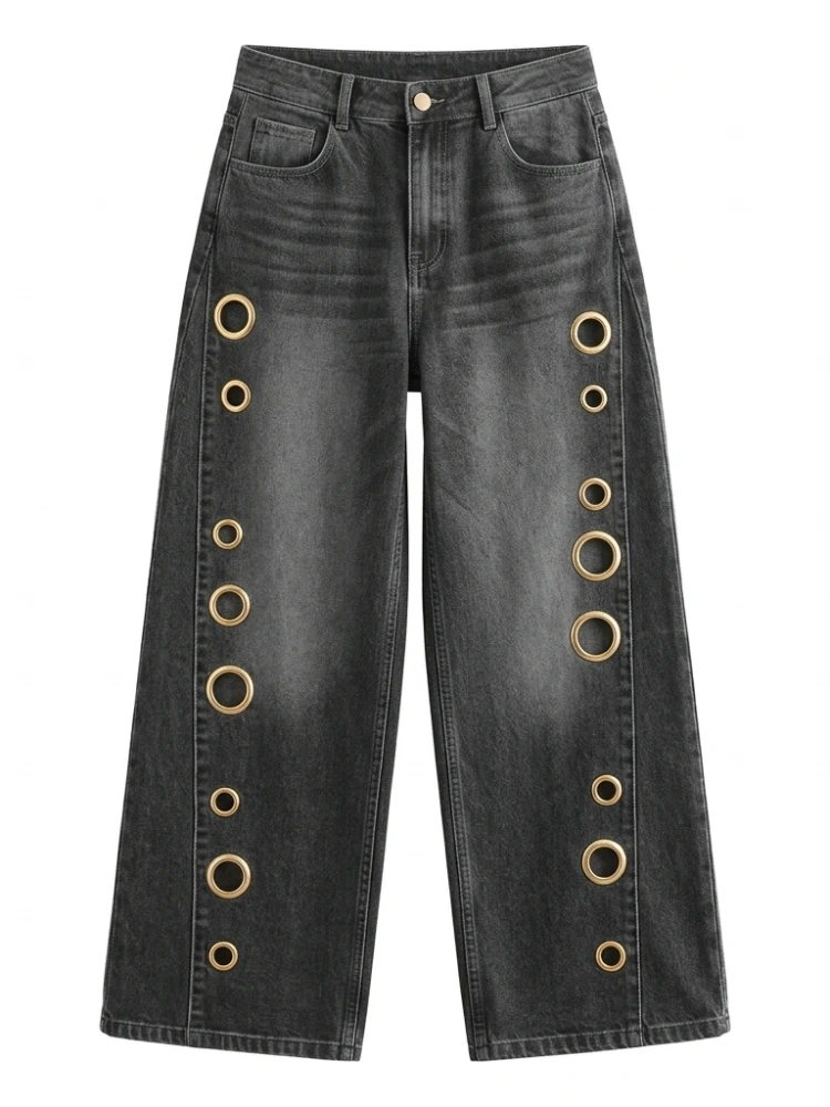 

Женские джинсы Missuoo черно-серые с металлическими люверсами, широкие штанины, модные уличные джинсовые брюки, летняя коллекция 2026