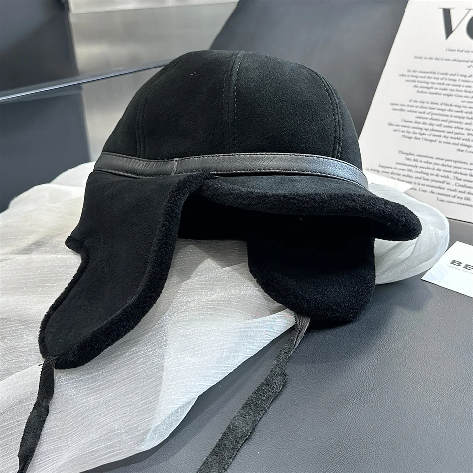 Neue Winter Herren Echtleder-Mütze mit Lammfell, Warme Dicke Ohrenklappe, Herren-Baseballkappe aus Schafsfell, Russische Mütze – Detail 16