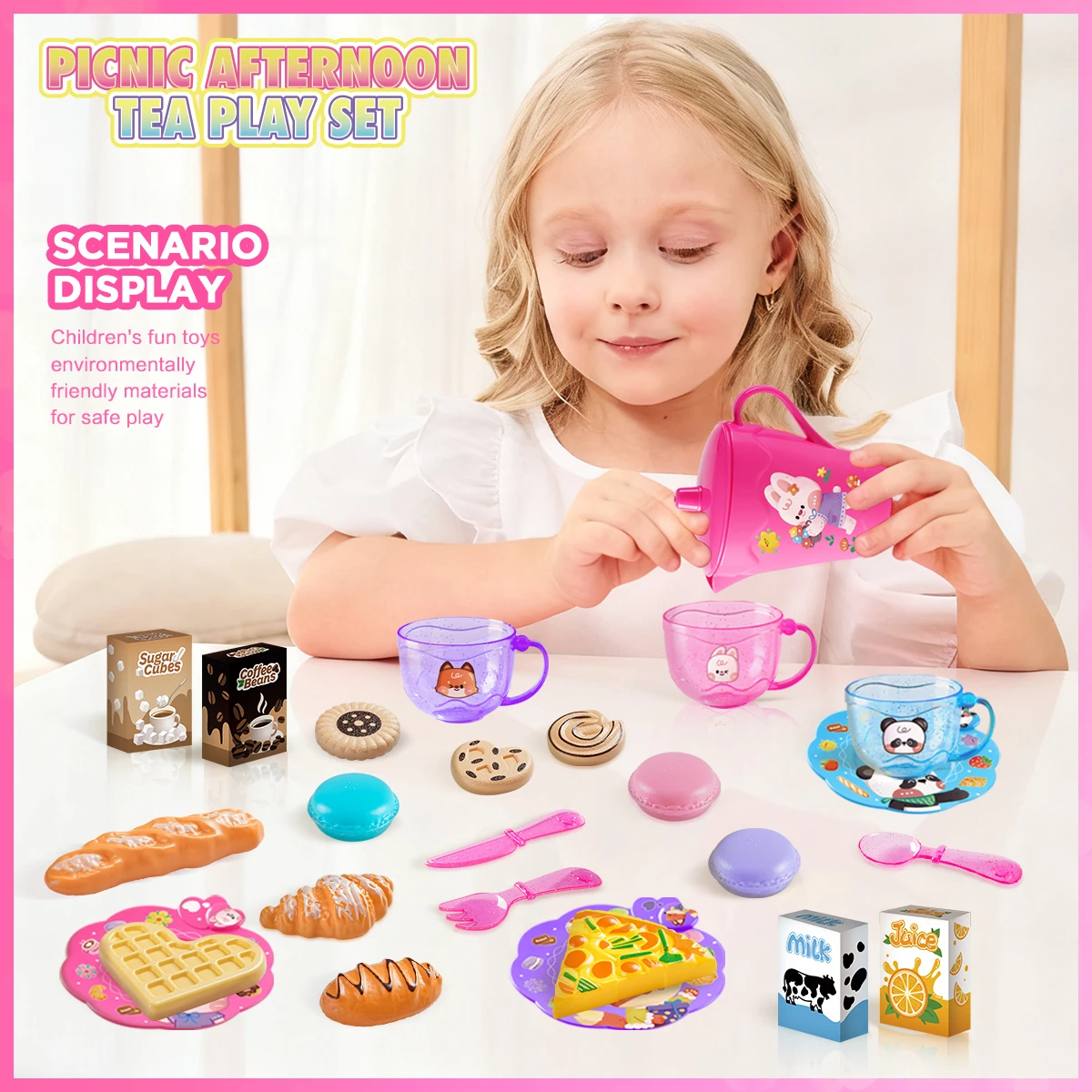 Ensemble de fête à thé pour petite fille, ensemble de jouets de princesse du thé de l'après-midi, avec ensemble de jouets alimentaires et desserts, jeu de cuisine pour enfants