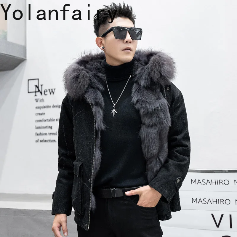 YOLANFAIRY Real Fox Fur Men Short Parkas Man Luxury Clothing Winter Coat Men Very Warm Raccoon Fur Collar Slim Fit Бомбер 2024