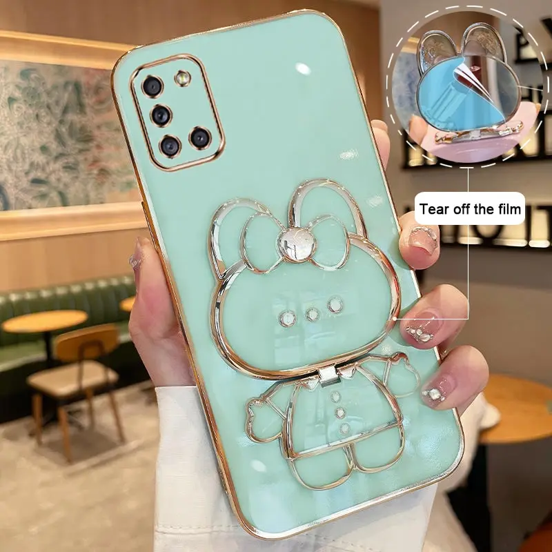 Makeup Mirror Phone Case For Samsung Galaxy A31 Plating Cartoon Rabbit Folding Bracket Phone Protection Case Cover