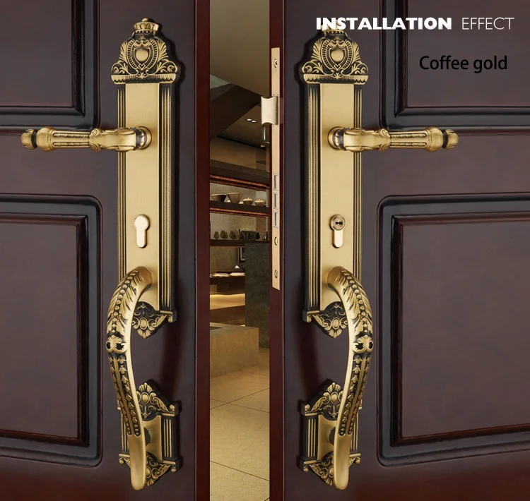 럭셔리 빌라 유럽 스타일 메인 입구 목재 문 이중문 황동 잠금장치 가짜 손잡이 포함
