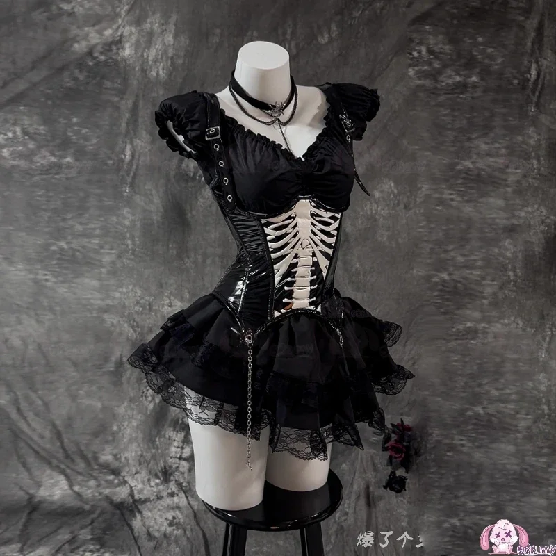 هالوين القوطية الظلام الحلو نفخة كم المرأة الأعلى التصميم الأصلي الدانتيل الربط تنورة لوليتا الشرير مشد للخصر مجموعة Ladies2025