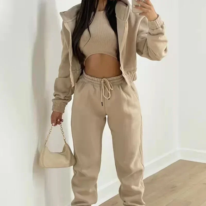 Women Suit Autumn Fashion Solid Color Simple Hooded Long-sleeved Zipper Sweater Sports Casual Pants Three-piece Suit In Waist