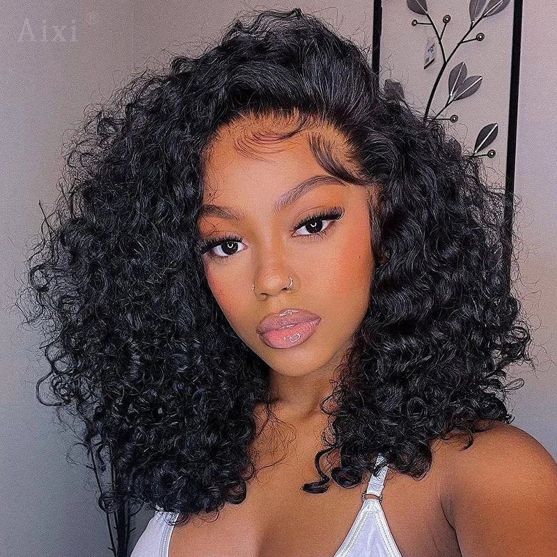 딥 웨이브 밥 가발 인모 13x4 짧은 곱슬 밥 가발 14인치 워터 웨이브 가발 13x6 투명 레이스 프론트 인모 가발