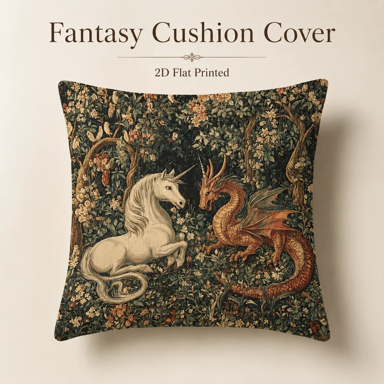 

Vintage Medieval Tapestry Style Dragon Unicorn Pillowcase 2D Flat Printed Peach Skin Cushion Cover Sofa Living Room Decor
