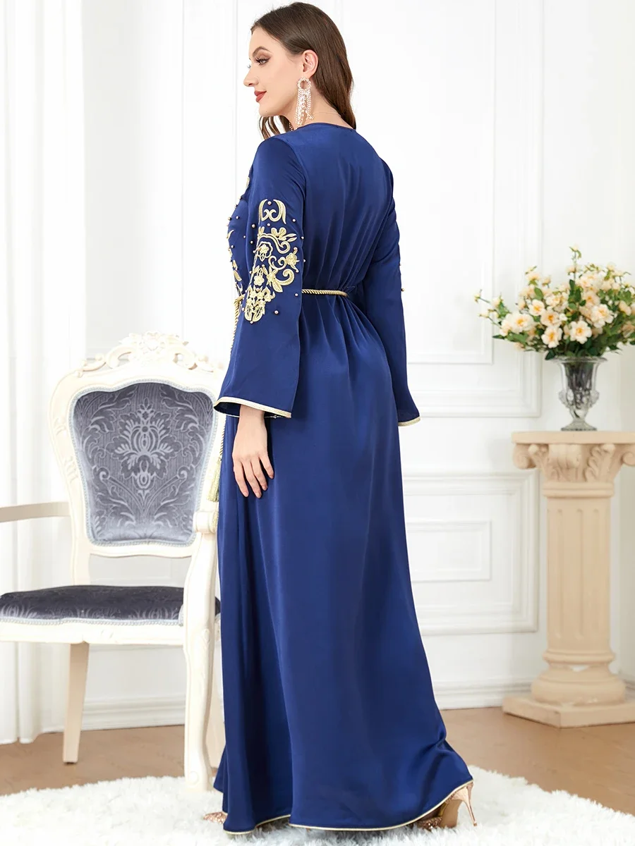 Morocco Dress Women Embroidery Muslim Abaya Fashion Dubai Abayas Ramadan Belted Kaftan Elegant Party Dresses Vestidos Spring