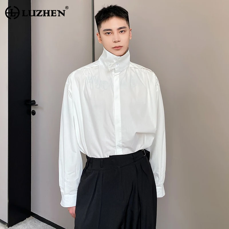 LUZHEN Solid Color Elegant Long Sleeved Shirts High Quality Street Original 2024 New Men\'s Korean Stand Neck Fashion Tops LZ1931