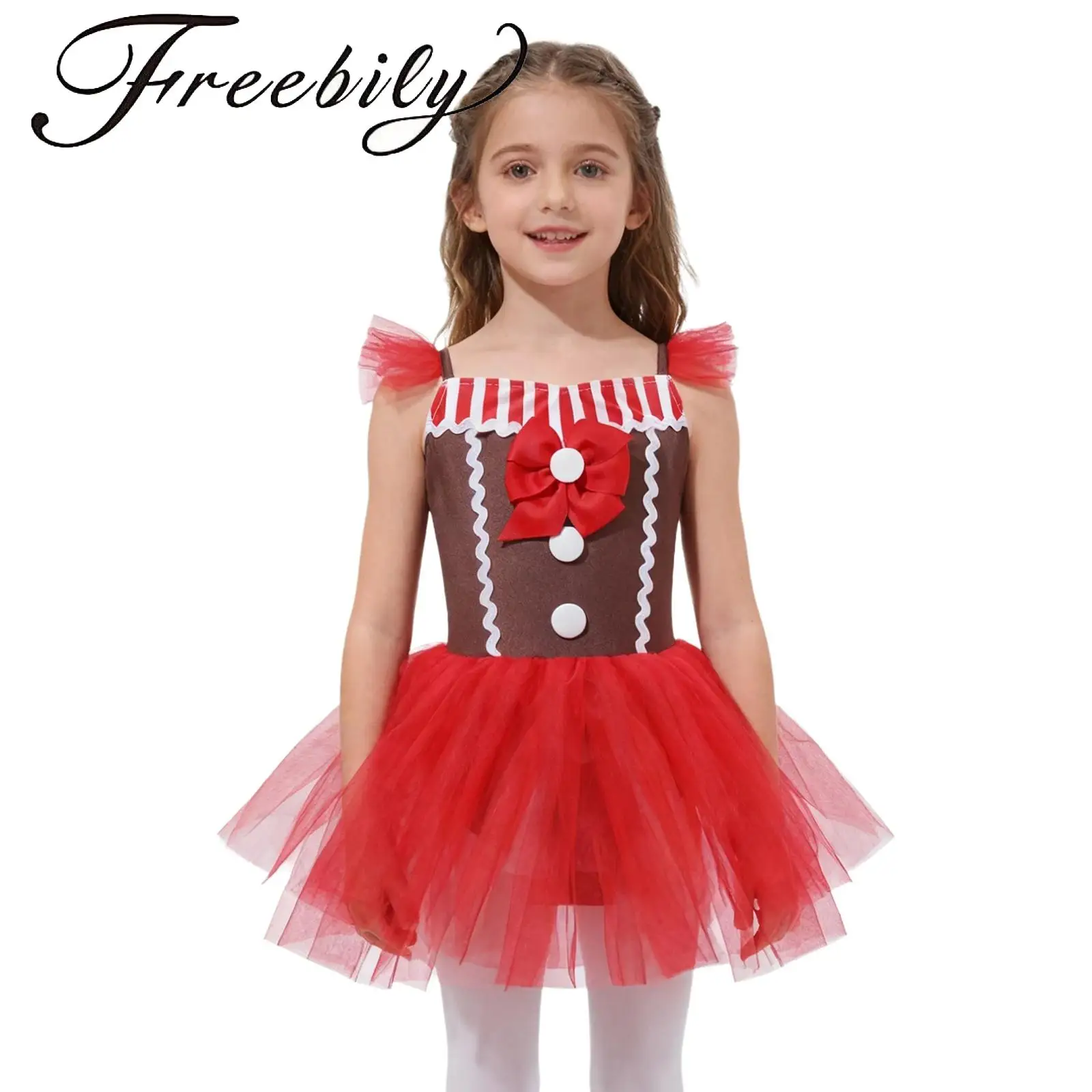 الفتيات عيد الميلاد الزنجبيل رجل زي شريط Bowknot قصب الحلوى الباليه توتو يوتار فستان عيد الميلاد سانتا كلوز التزلج Dancewear #1