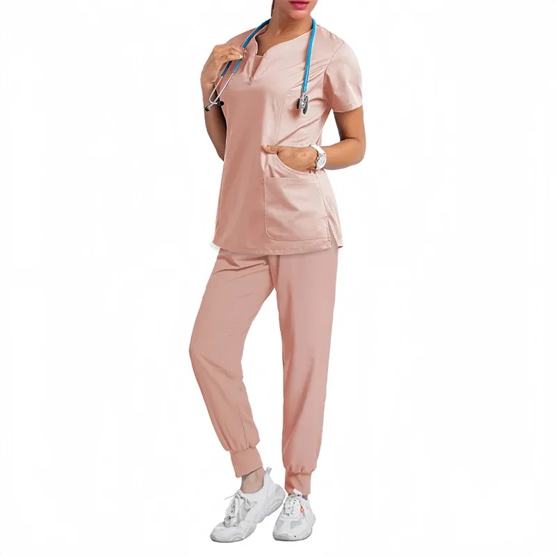 Uniformes médicos Unisex para enfermera con cuello en V, Top para mujer, ropa de trabajo para médico de Hospital, uniforme de trabajo para cirugía Dental Oral, manga corta