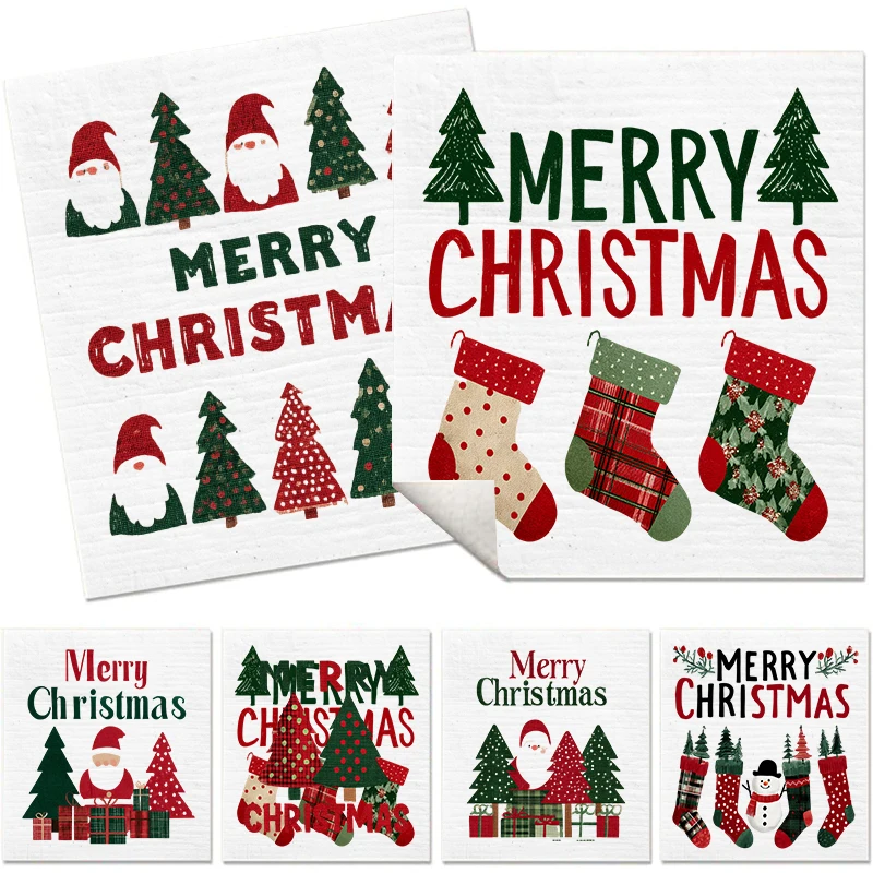 6 قطعة شجرة عيد الميلاد أطباق المطبخ غسل تنظيف طبق القماش قابلة لإعادة الاستخدام غسل سوبر ماصة الخرق المنزل مسح منشفة الملابس