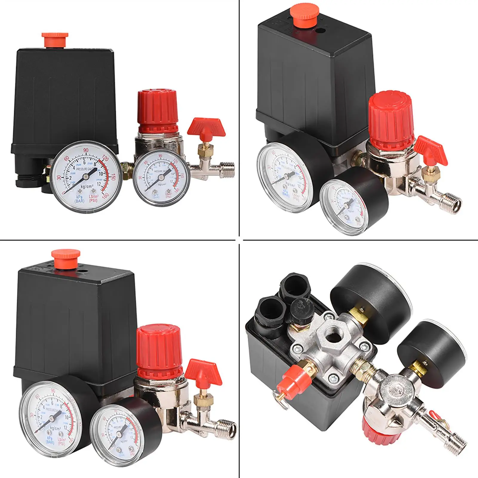 Compact Air Compressor Pressure Switch Control Valve with Gauges - Adjustable Air Regulator System