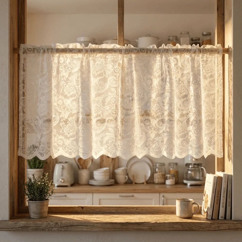 New Privacy Cover Short Curtain Pearl Breathable Lace Curtain Dustproof Vintage Door Curtain Kitchen