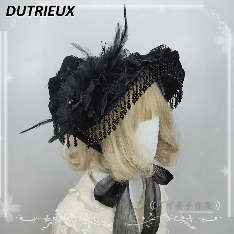 Original Japanese Sweet Girl Lace Up Flat Hat Lolita Dark Vintage Feather Lace Beaded Black Versatile Top Hat Caps for Women