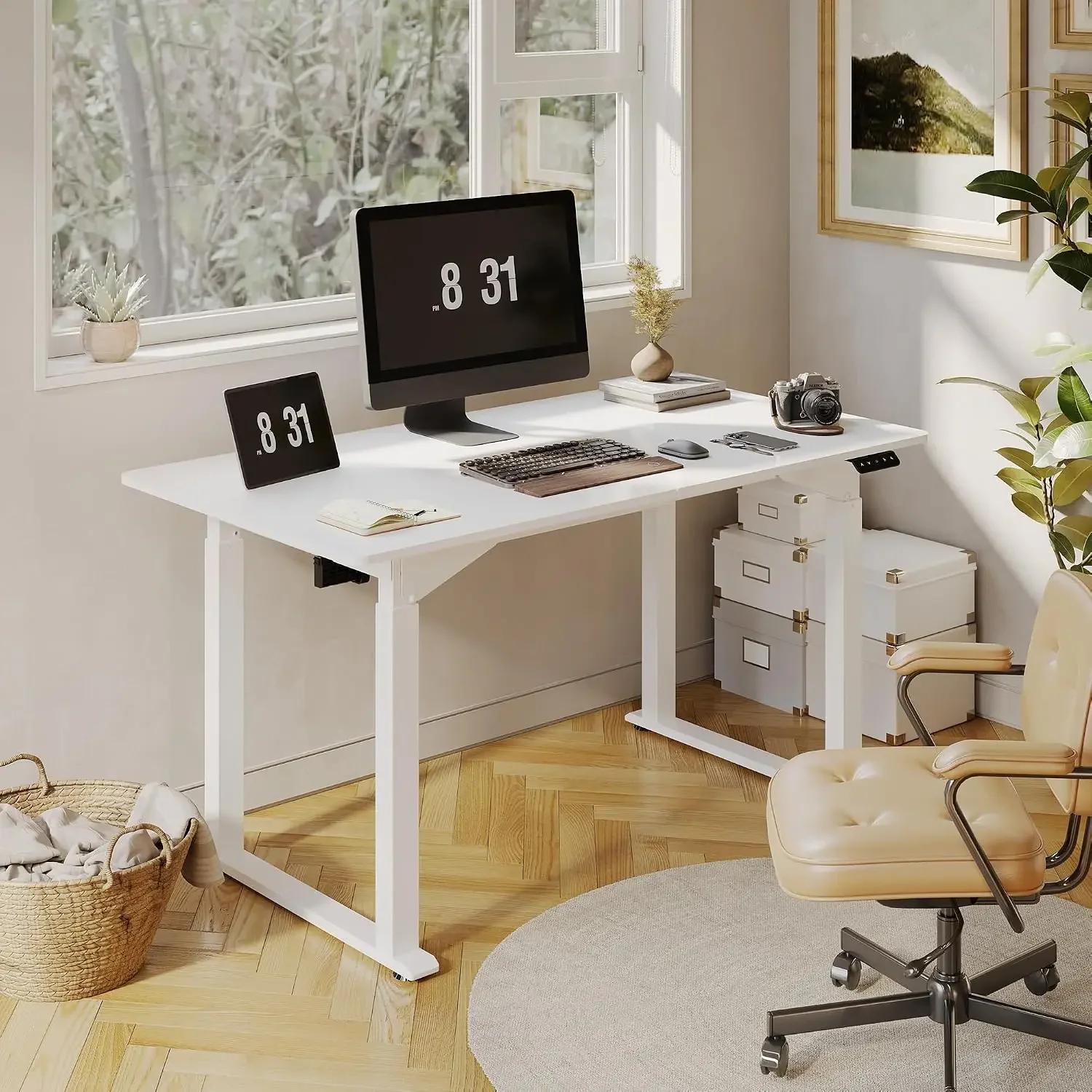 4-Leg 55''x28'' Large Electric Height Adjustable Standing Desk | Computer Stand Up Desk with Memory Presets for Home Office