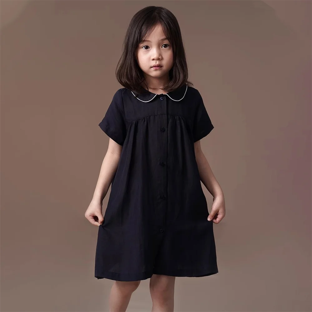 Teens Girls Summer Short Sleeve A Line Dress Elegant Black Princess Vintage Dress for Girls Turn Down Collar Button Shirt Dress