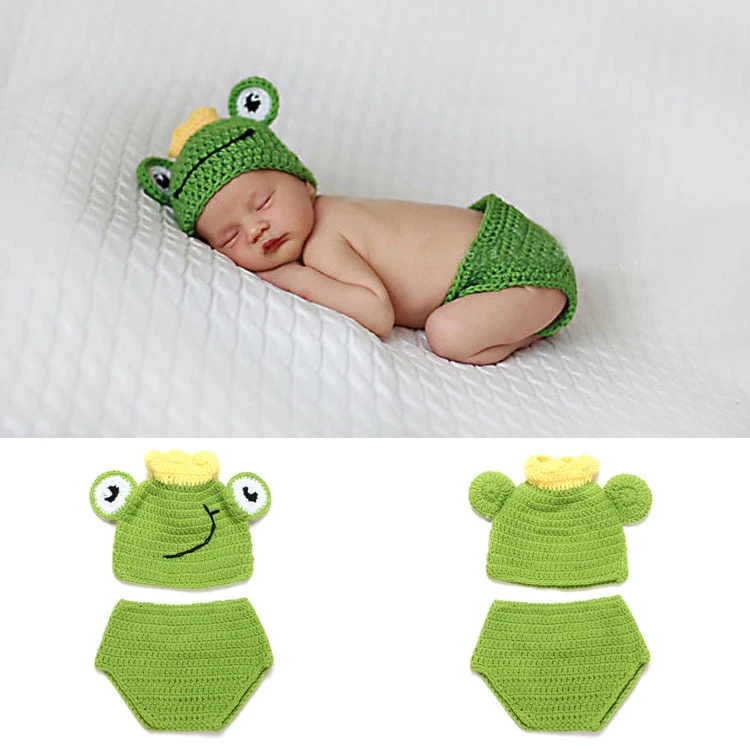 Handmade Crochet 0-3 Months 100 Days Newborn Baby Boys Photography Clothes Animal Theme Prince Frog Shape Costume