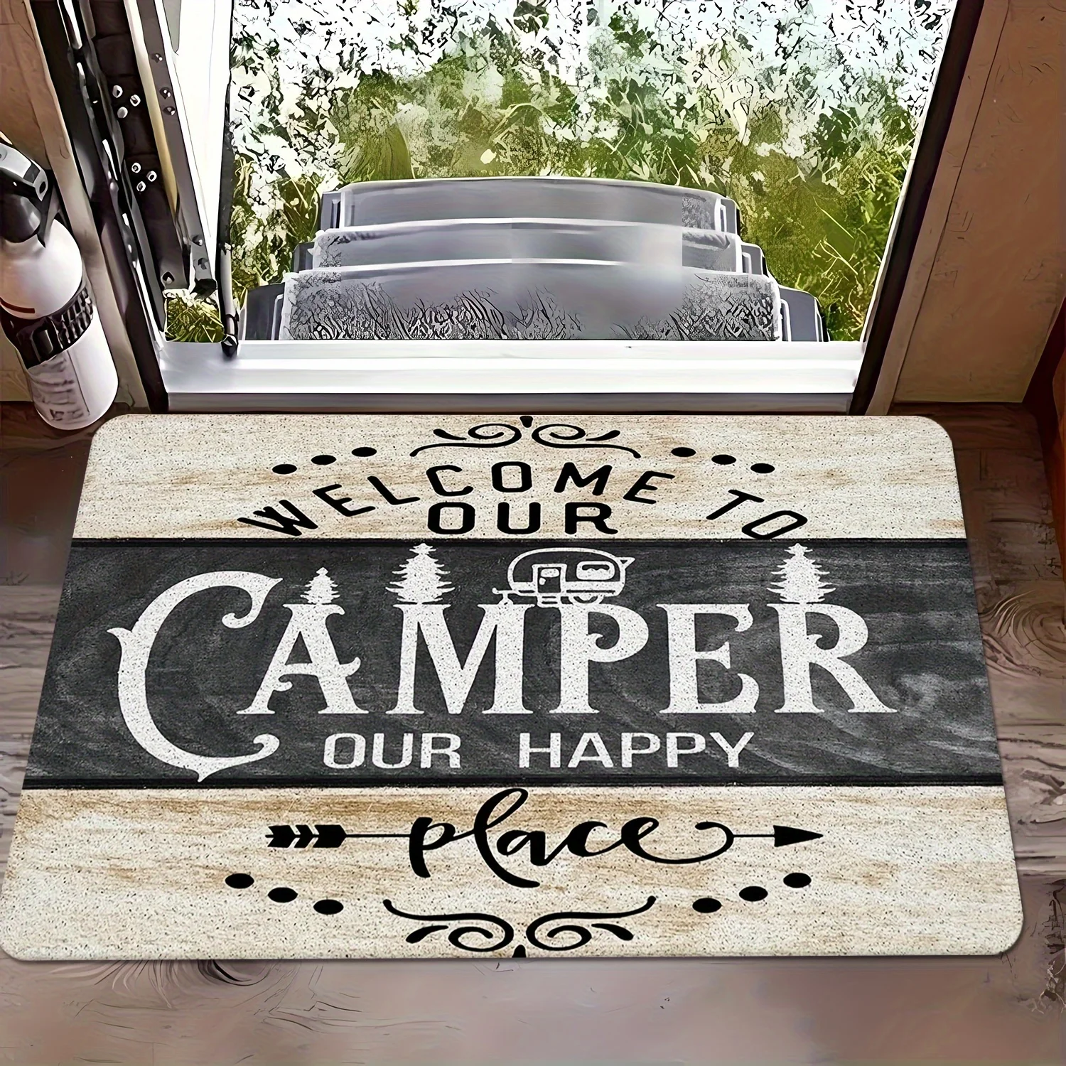 1 colchoneta para acampar: diseño "Bienvenido a nuestros campistas felices", respaldo de goma antideslizante, uso en entrada/dormitorio, accesorio para camper