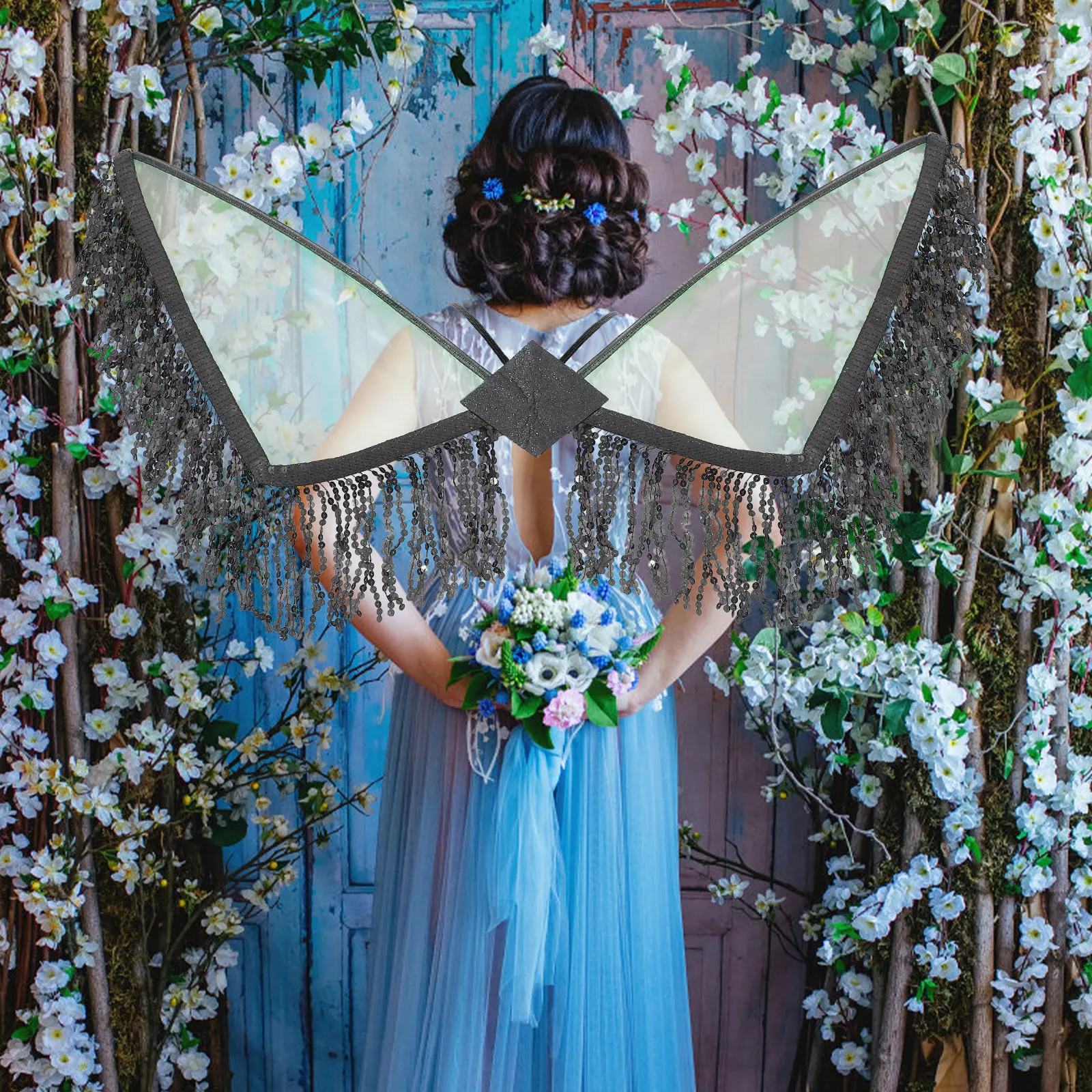 

Черные крылья с бахромой и пайетками, аксессуар для косплея, костюмный декор для Хэллоуина, выступлений, ролевых игр, украшение для взрослых