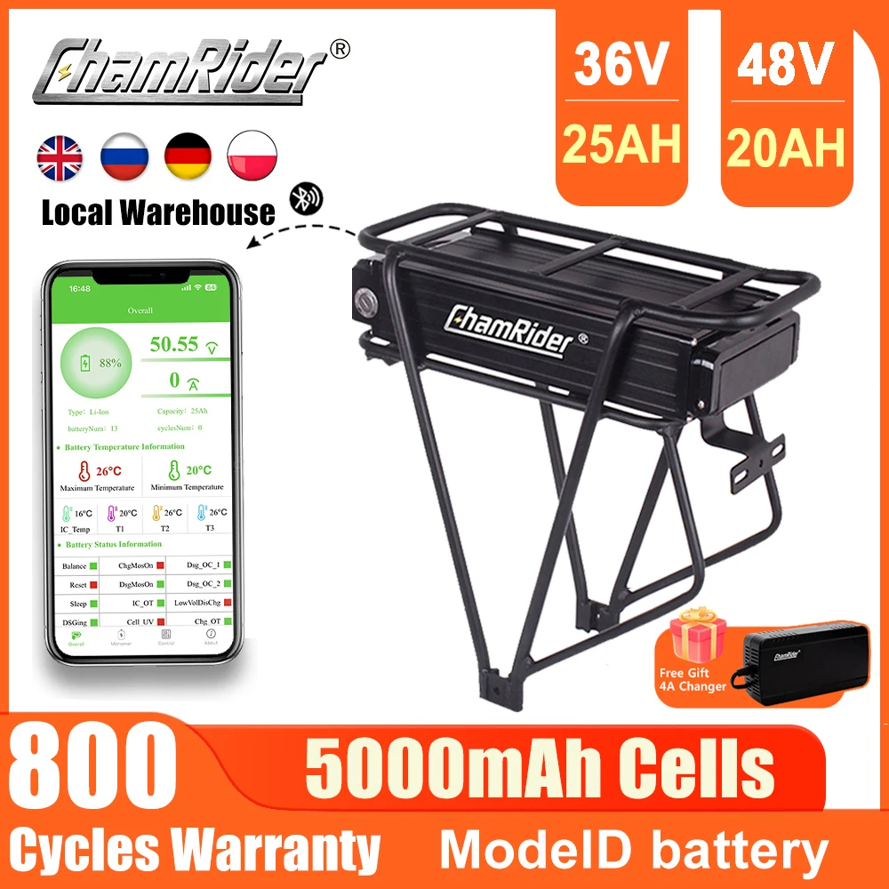 

ChamRider Rear Rack Model D Battery 48V 52V Electric Bike Battery 36V 21700 Cell 50A BMS MTB Lithium Battery Powerful Capacity