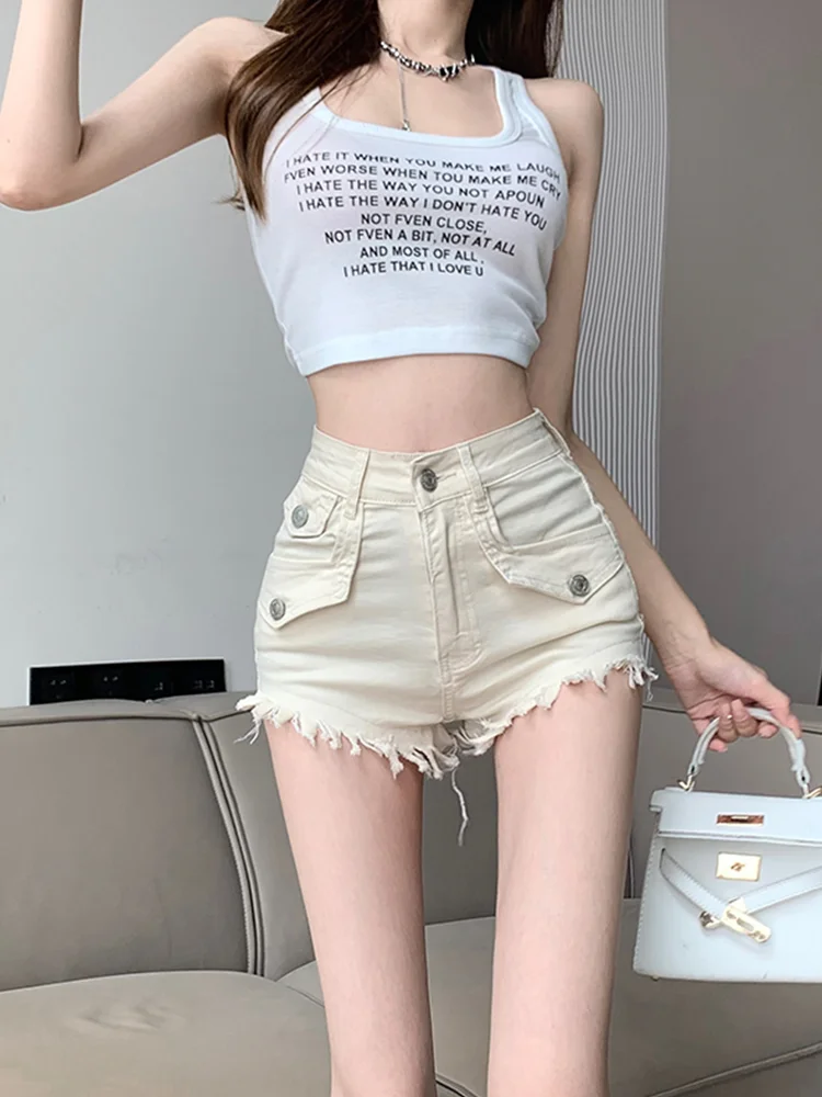 

Tassel Fringe Denim Shorts For Female Fashion Sexy Patch Pokcets Women Short Pants New Spring Summer Chic Vintage Buttoned Jeans